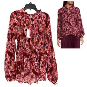 NEW Lucy Paris Feminine Floral Print Split V-Neck Long Sleeve Front Tie Top Sz M